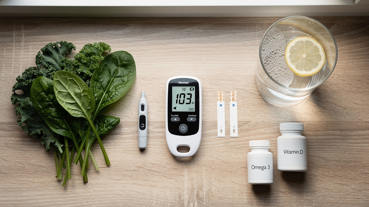 Blood glucose meter with healthy foods and supplements arrangement