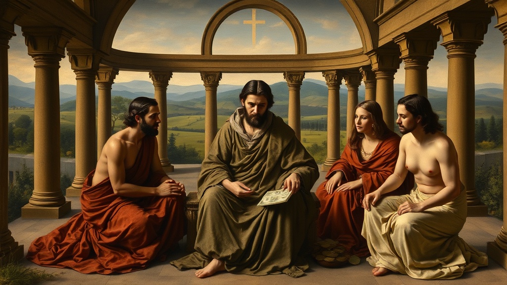 A contemplative steward weighing coins in a classical scene