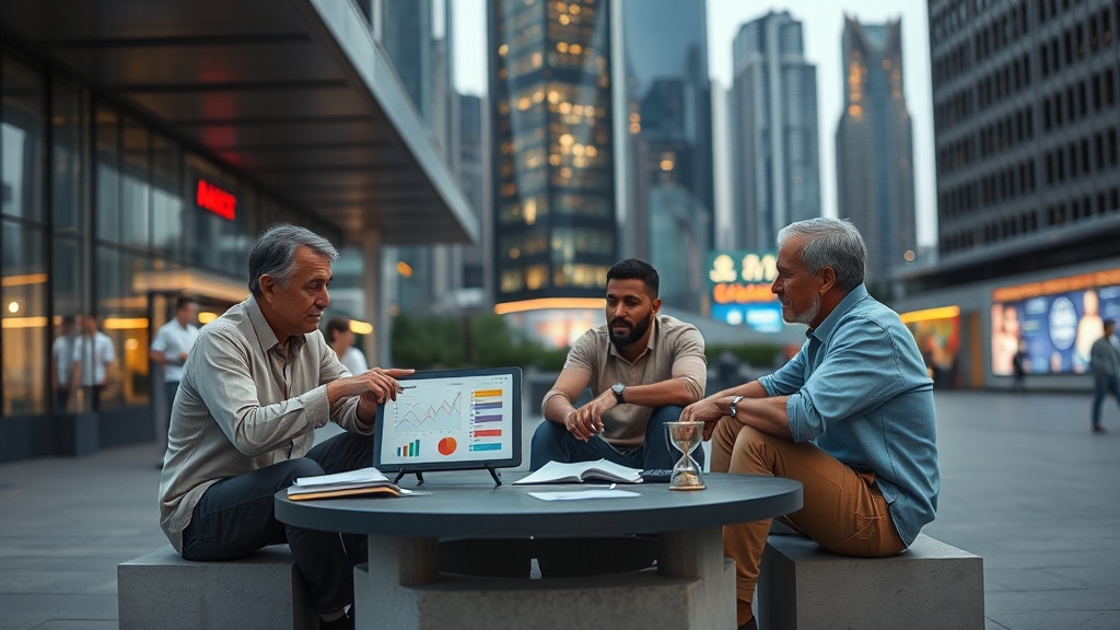 A modern group studying finances together outdoors at dusk