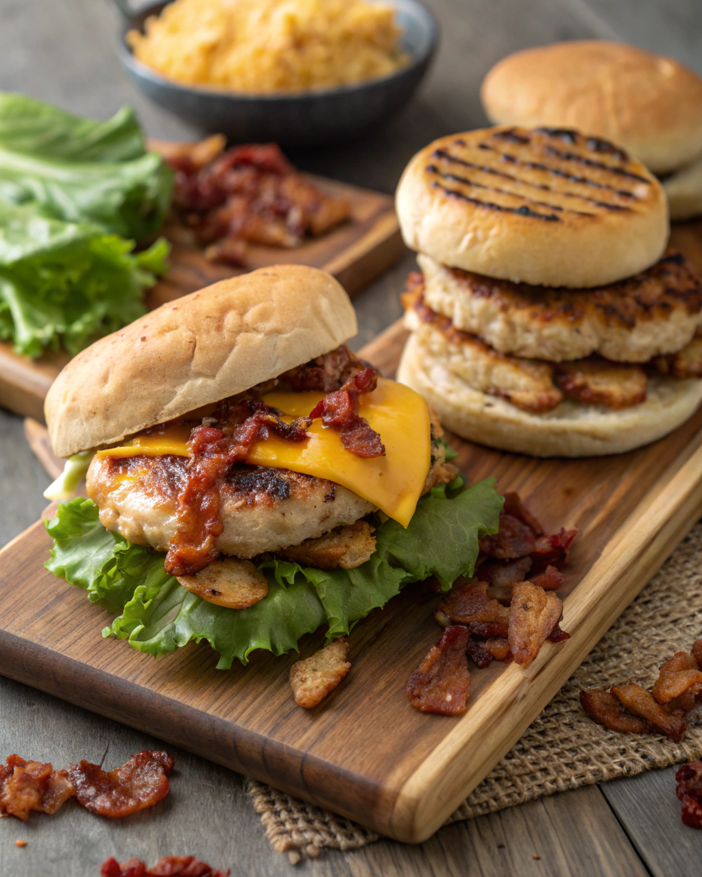 Fresh ingredients for crack chicken burgers including ground chicken, ranch seasoning, turkey bacon, and cheddar cheese arranged on a wooden cutting board