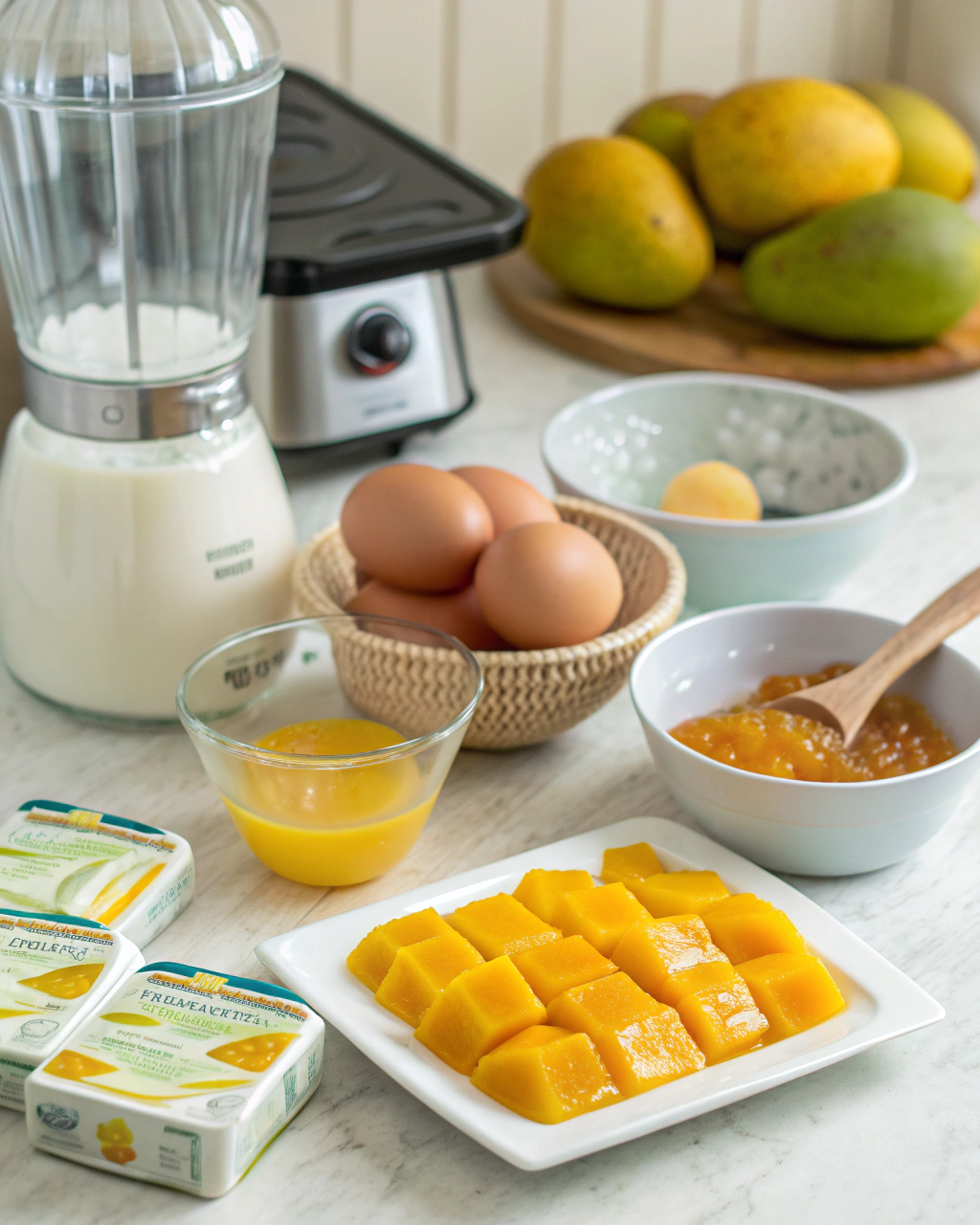 Fresh mango pudding ingredients including mango jelly packets, fresh milk, evaporated milk, ripe mangoes, and optional egg arranged on a clean kitchen counter