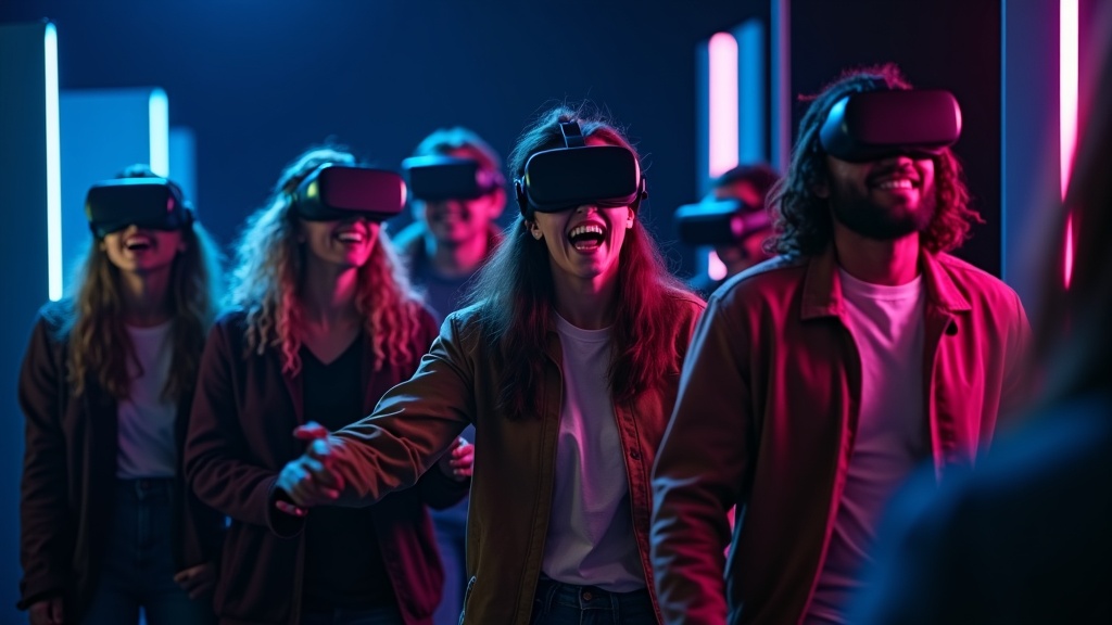 Grupo de amigos celebrando un cumpleaños en un centro de realidad virtual