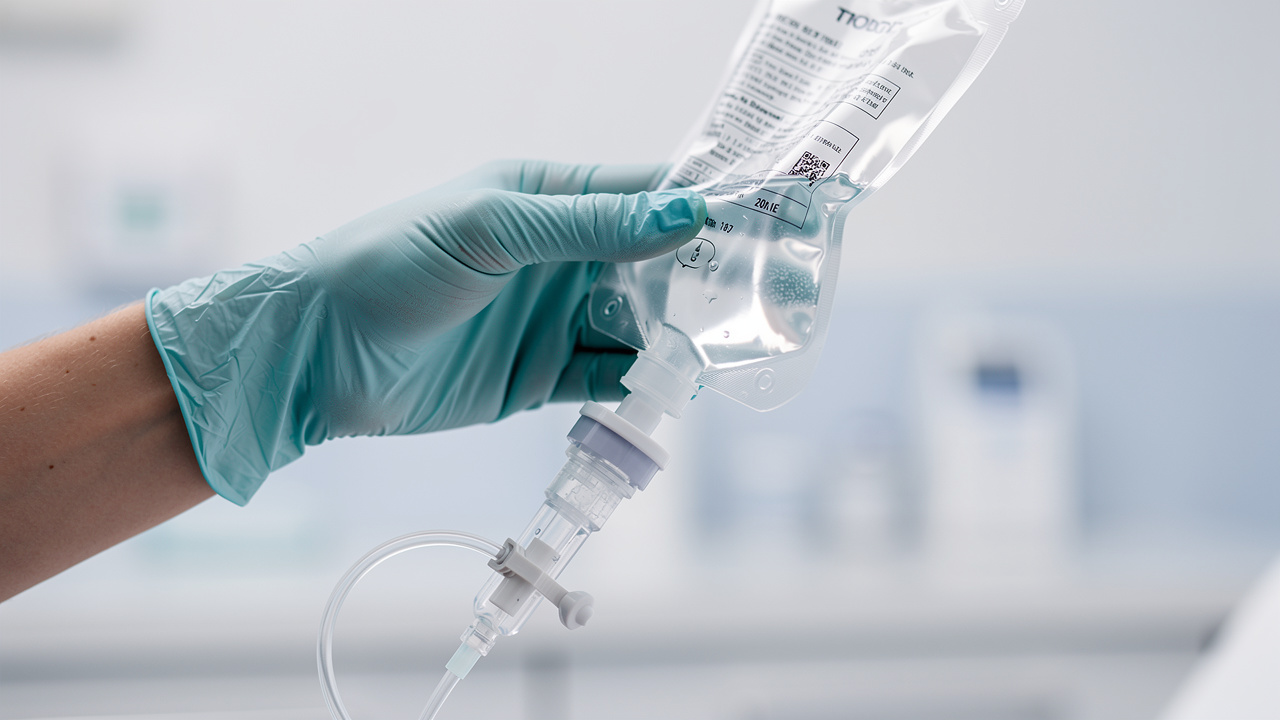 Medical professional preparing IV infusion equipment