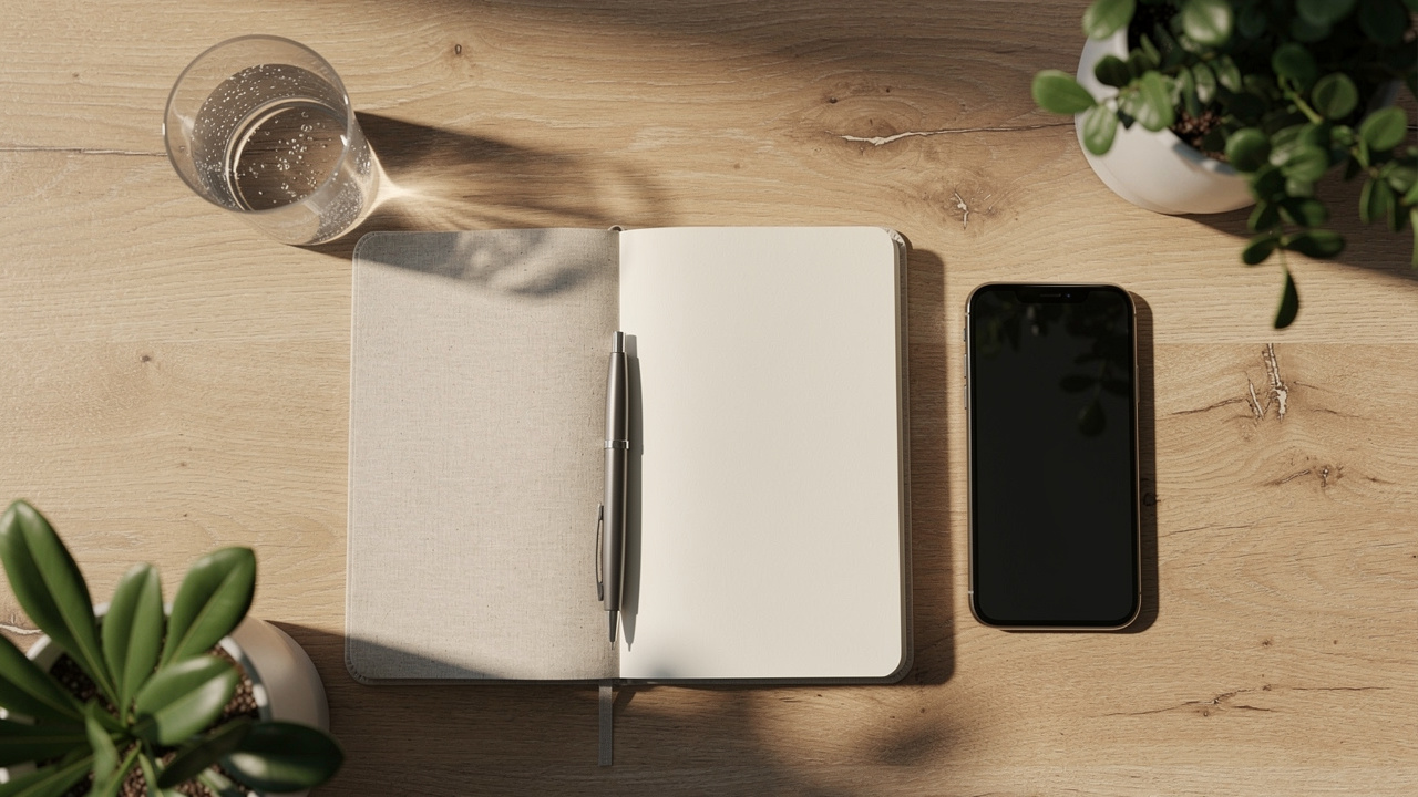 Wellness planning setup with journal and natural elements