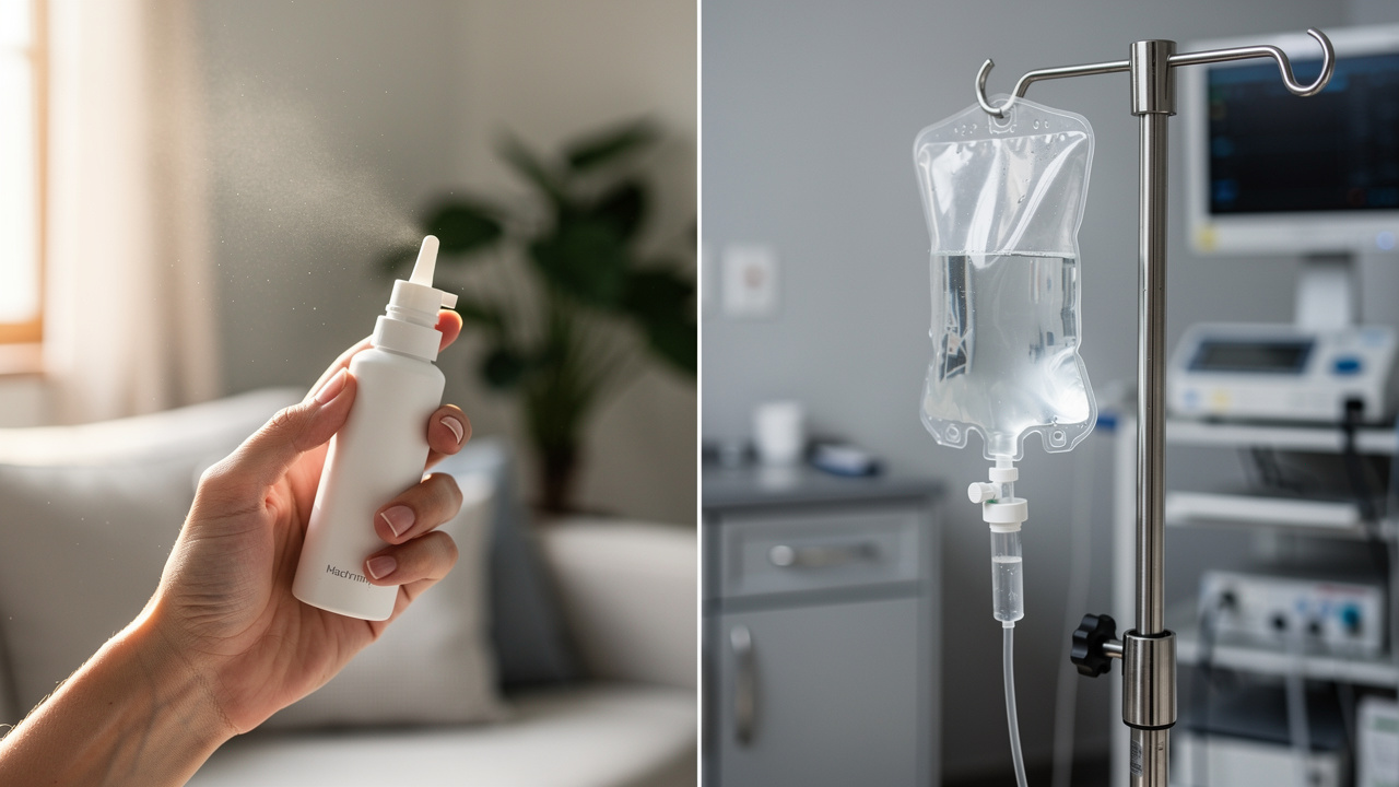 Side-by-side comparison of nasal spray and IV delivery