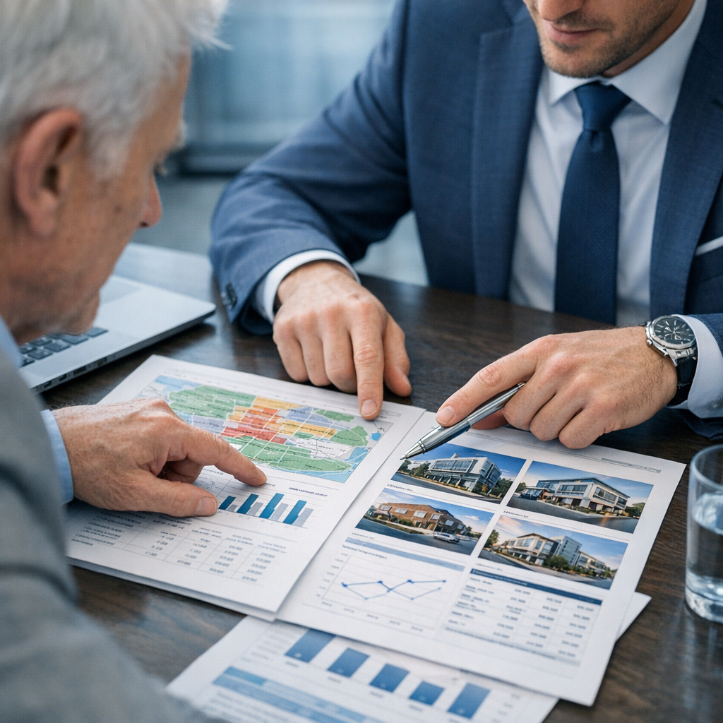 Photorealistic mid-shot of a broker and an investor reviewing market maps and financials at a conference table, modern off...