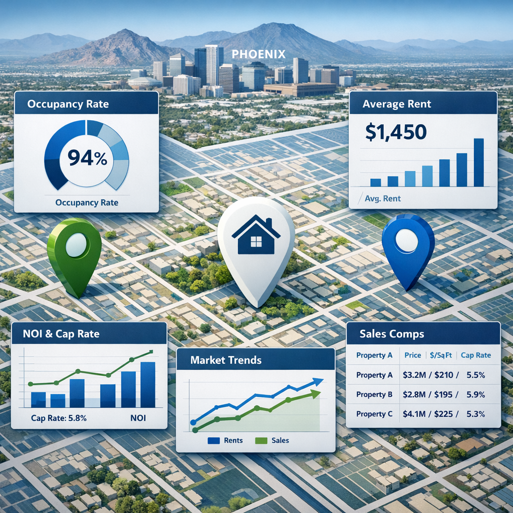 Isometric photorealistic scene showing a simplified property performance dashboard overlaid on a Phoenix neighborhood map,...