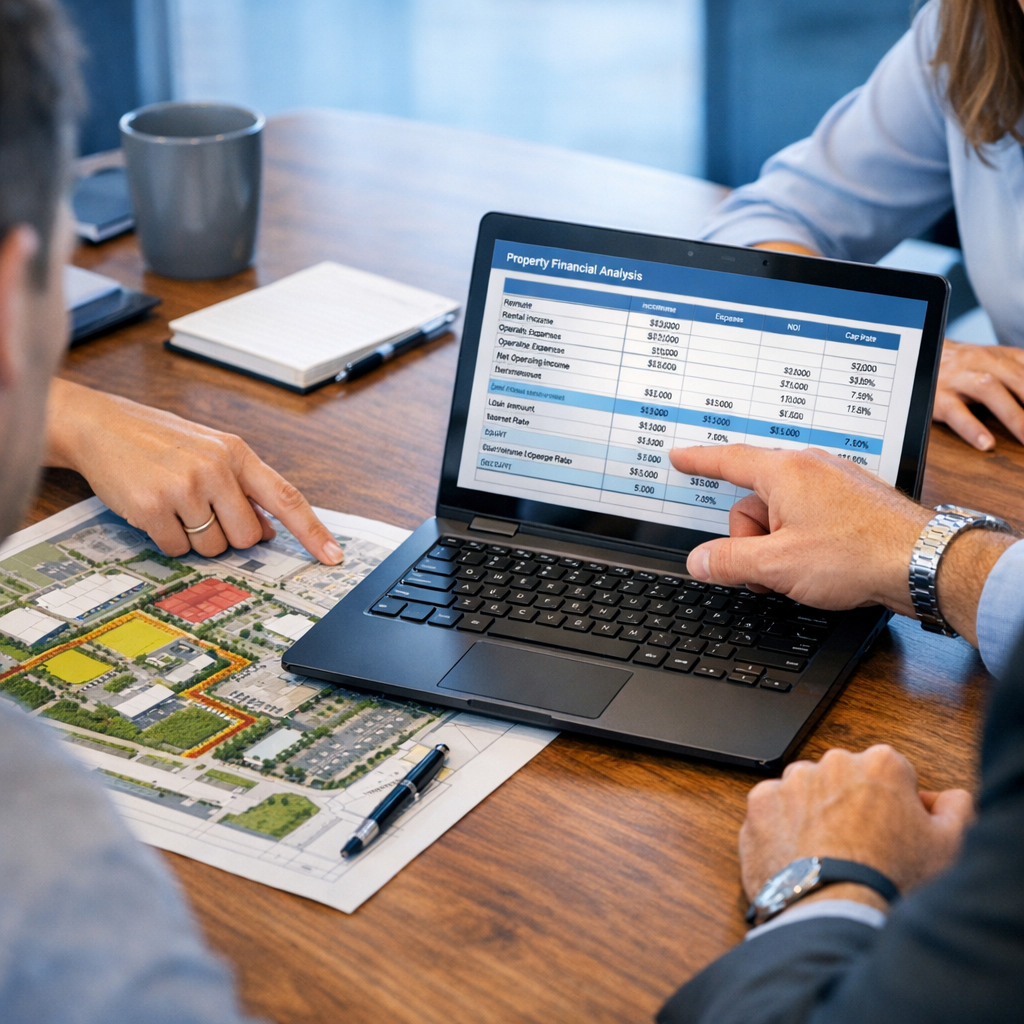 A photorealistic mid-shot of a small, professional team around a conference table reviewing property maps and underwriting...