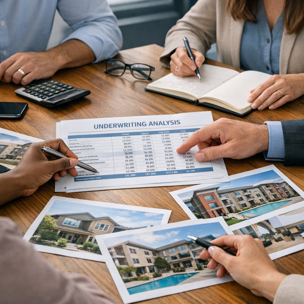 Mid-article photorealistic image of a diverse team of real estate professionals reviewing an underwriting spreadsheet and ...