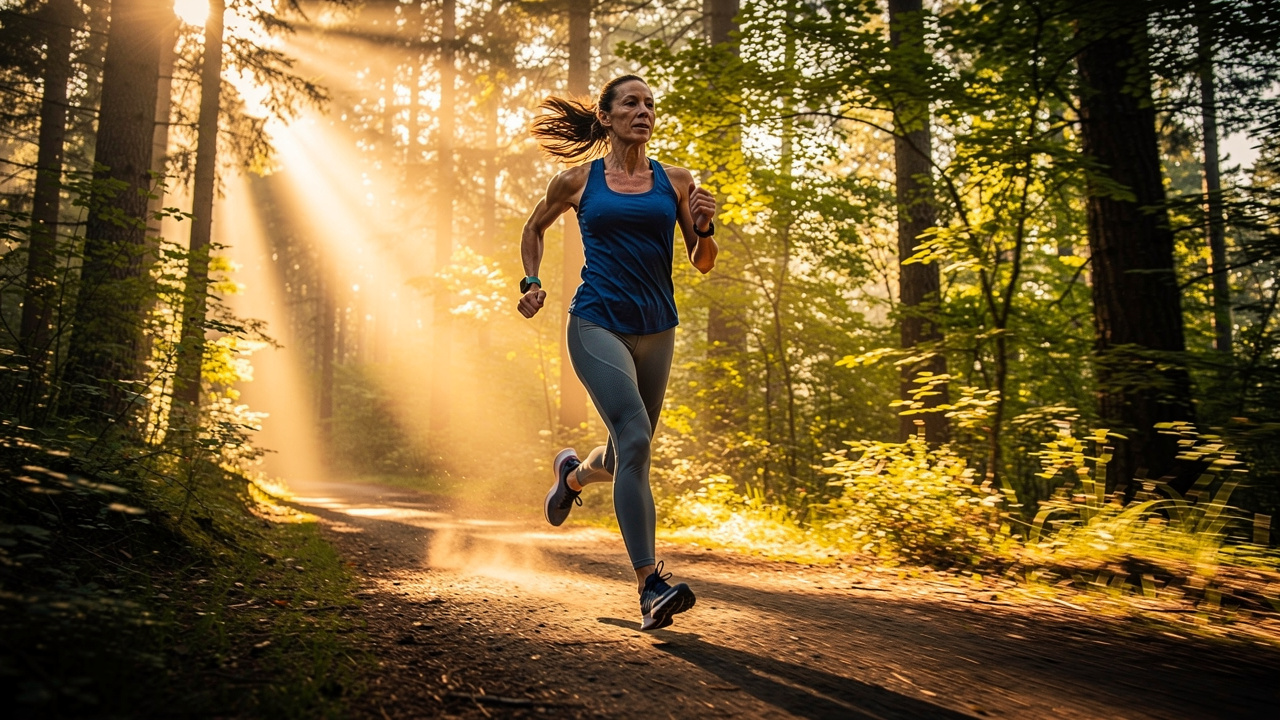 Athletic woman running with energy and endurance on forest trail