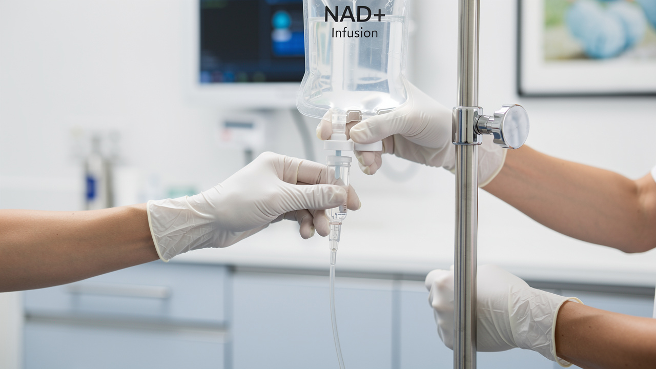 Medical professional preparing NAD+ intravenous infusion therapy