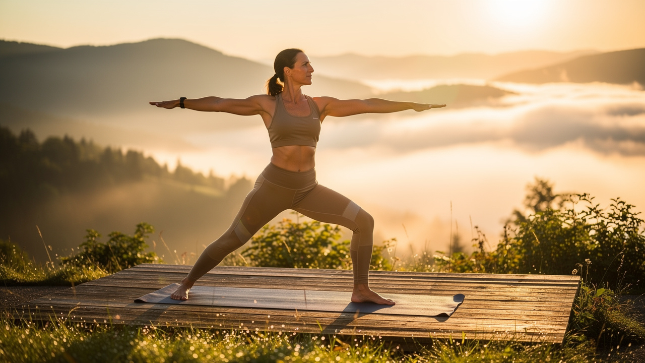 Active person practicing yoga at sunrise showing vitality