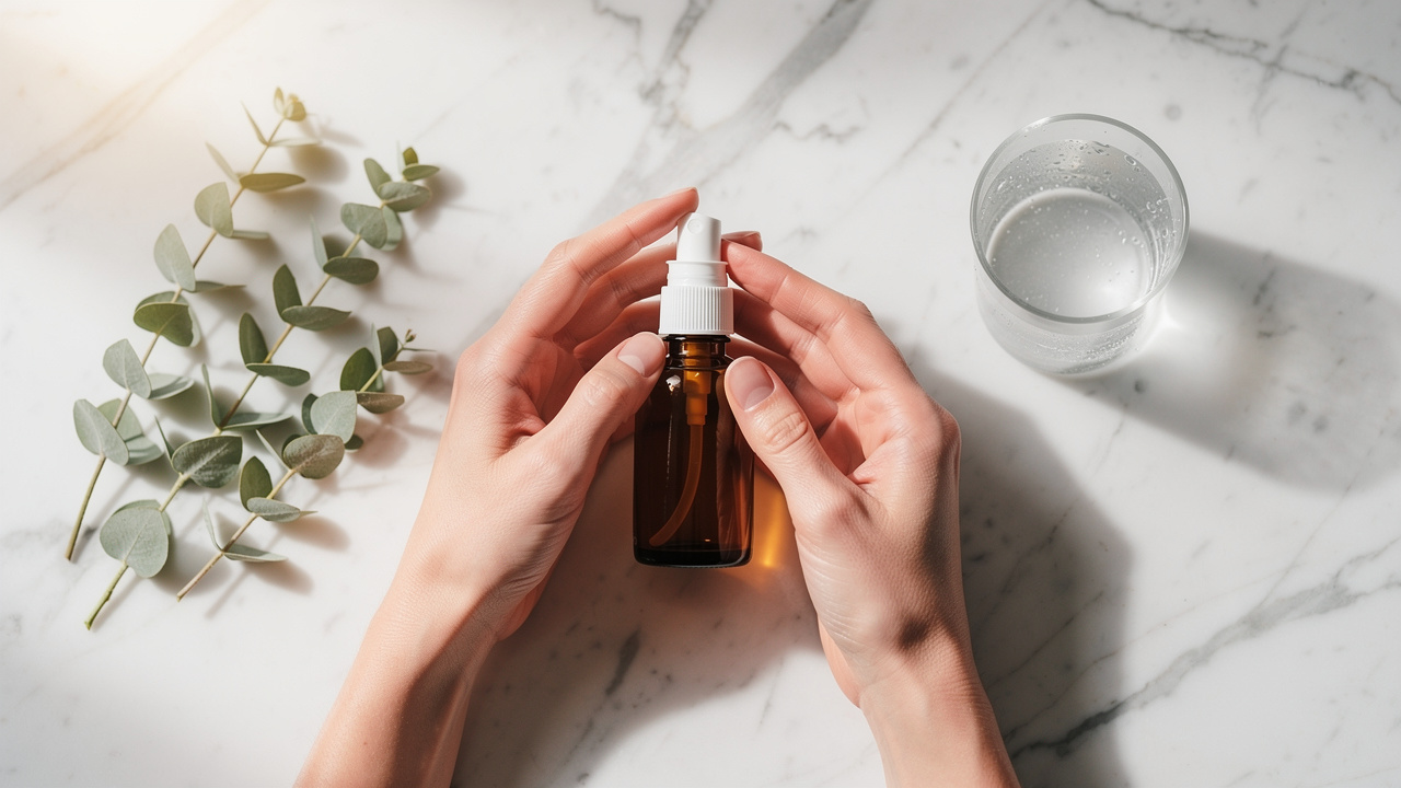 Hands holding nasal spray bottle in clean wellness setting