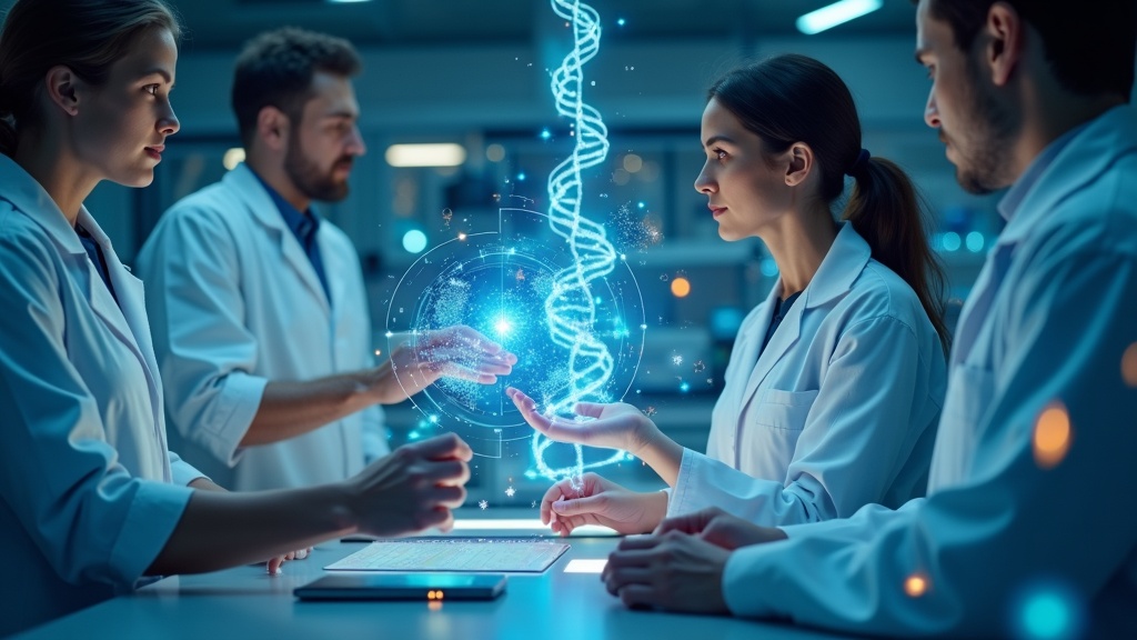 Laboratorio futurista con científicos analizando datos de IA farmacéutica influenciados por el AI Act