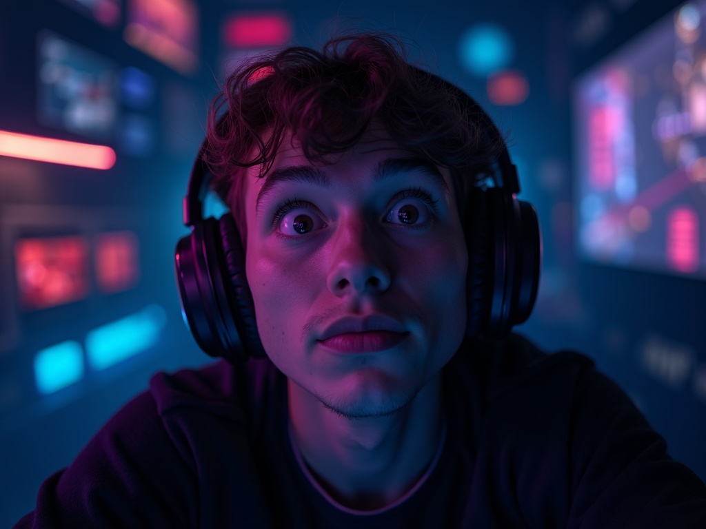 Gamer usando los Tatybo Cascos Gaming Inalámbricos en una habitación con luces de neón