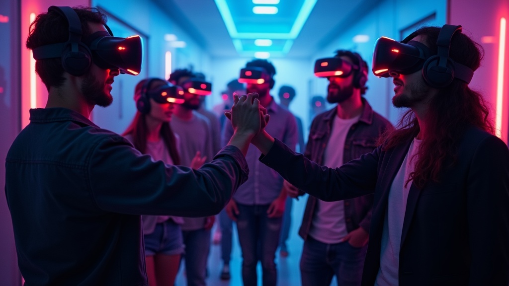 Grupo de amigos equipados con realidad virtual listos para la acción
