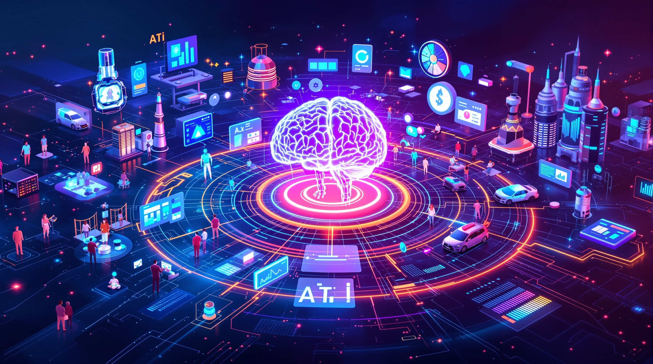 AI transformation across industries – healthcare, retail, automotive, manufacturing, and finance interconnected by a central AI brain illustration