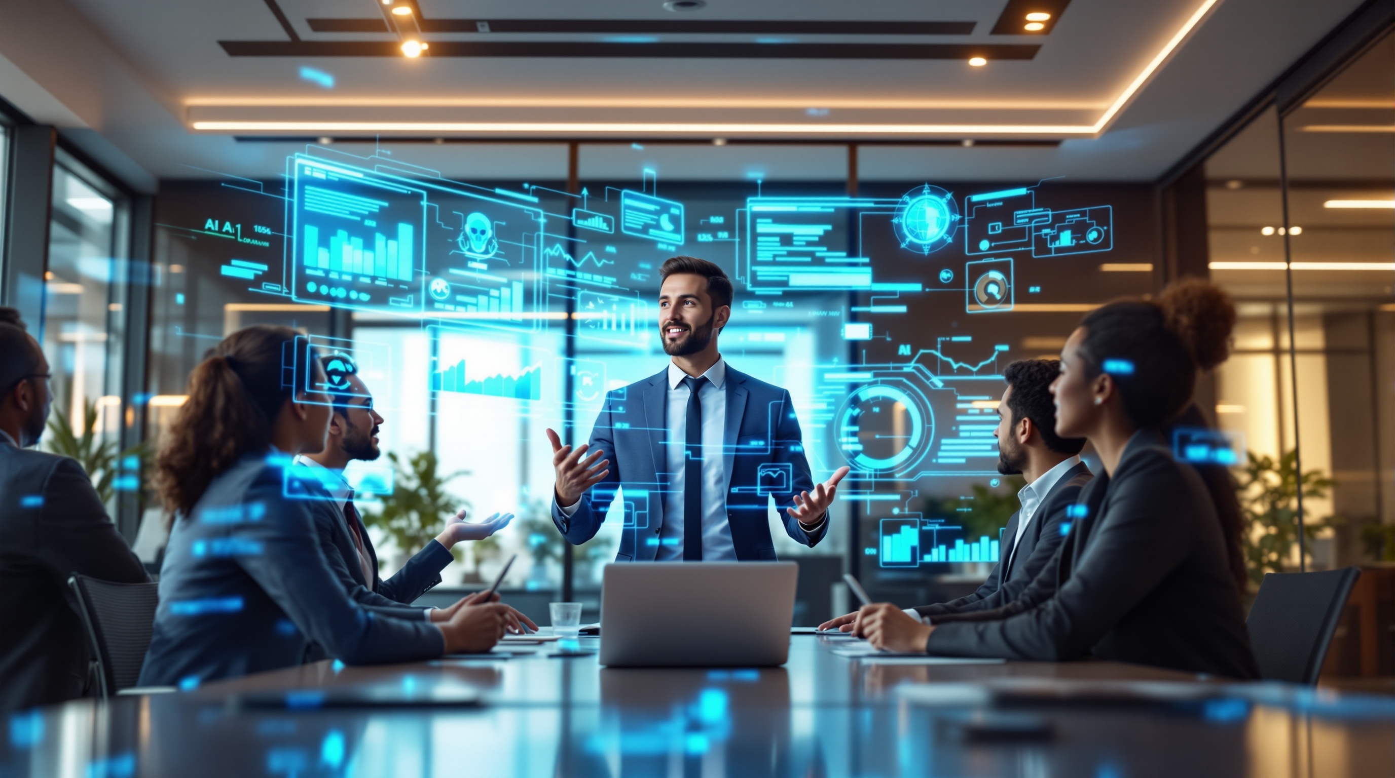 Team collaborating with AI dashboards in a modern office, symbolizing organizational AI adoption and strategy execution