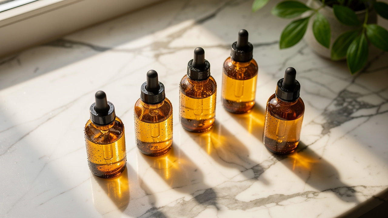 Liposomal NAD+ supplement bottles on marble surface