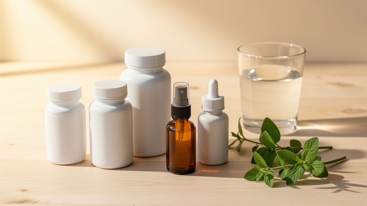 Wellness supplements and nasal spray arranged on wooden surface