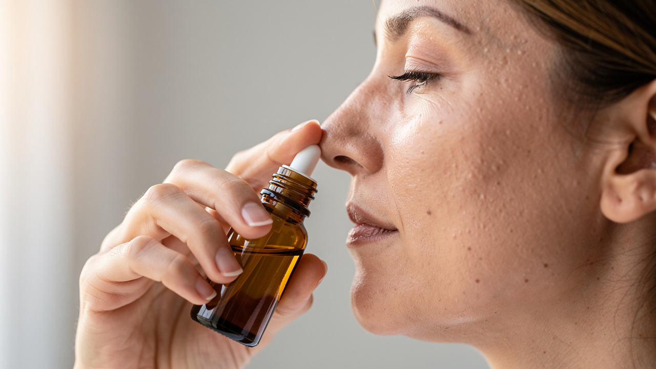 Person using nasal spray bottle with proper application technique