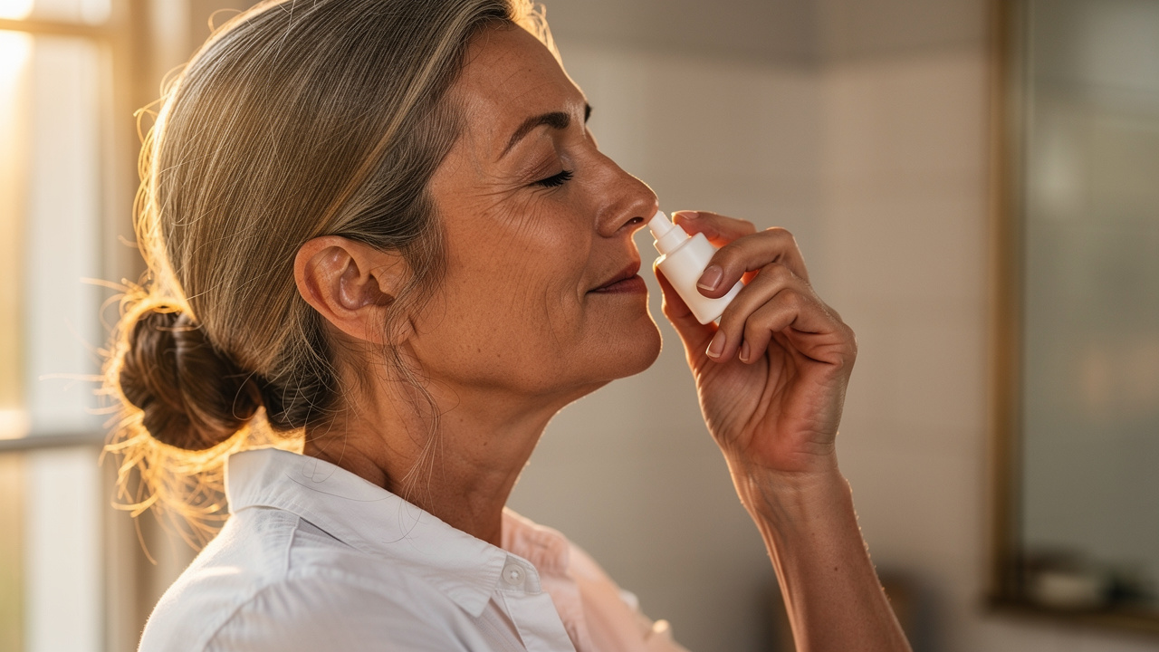 Woman using nasal spray in morning wellness routine