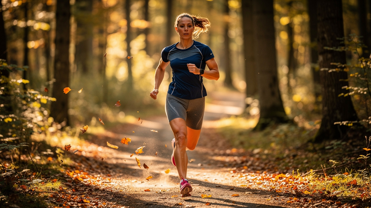 Female athlete running on forest trail during training