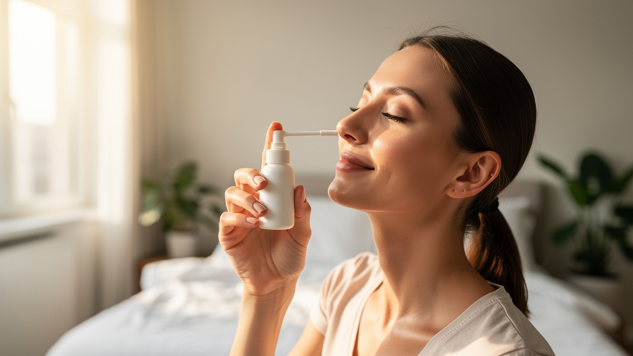 Woman using NAD+ nasal spray at home