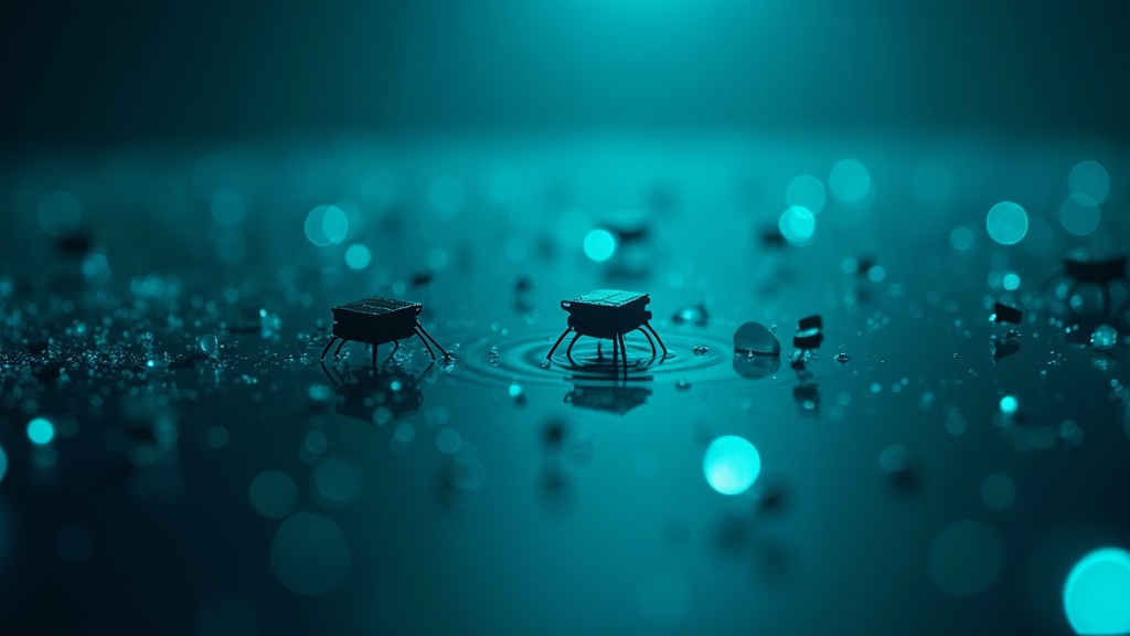 Ilustración conceptual de robots microscópicos autónomos en un entorno fluido.