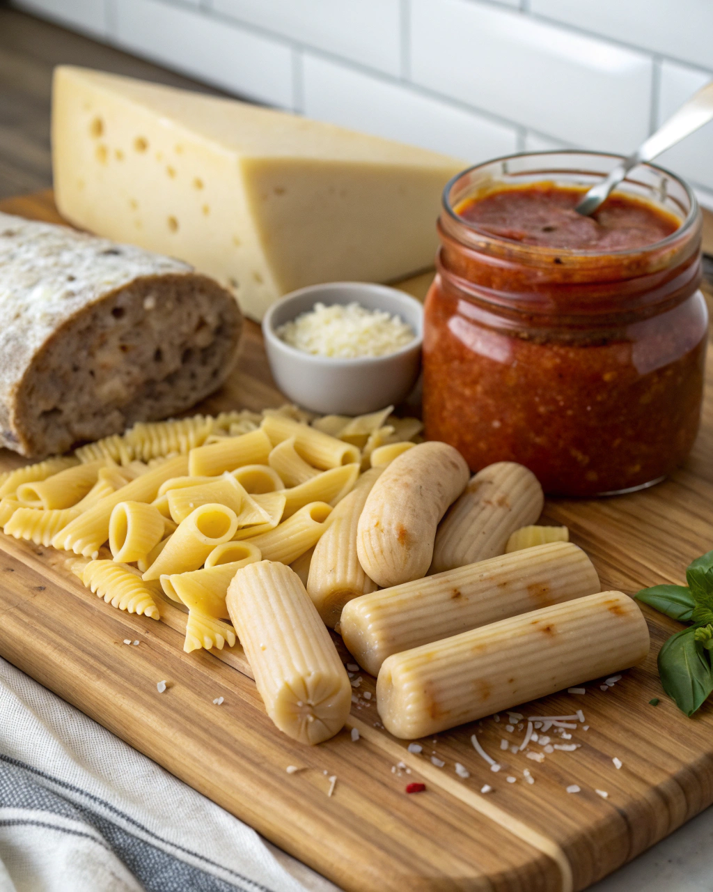 Fresh ingredients for 4-Ingredient Boursin Sausage Pasta including rigatoni pasta, chicken sausage, marinara sauce, and Boursin cheese arranged on a kitchen counter
