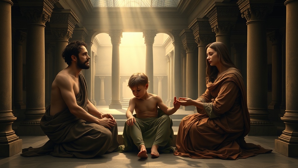 Contemplative religious tableau of two adults and a child