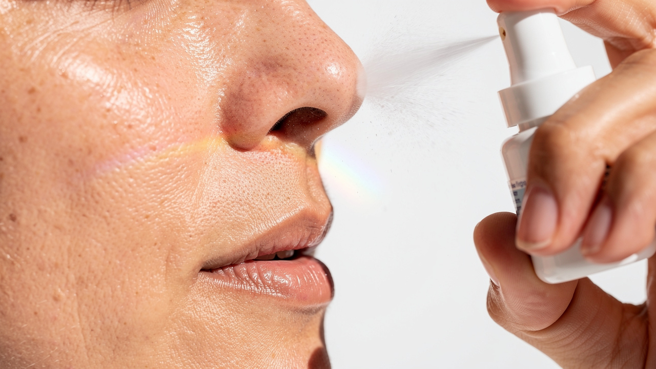 Person using intranasal spray for rapid absorption