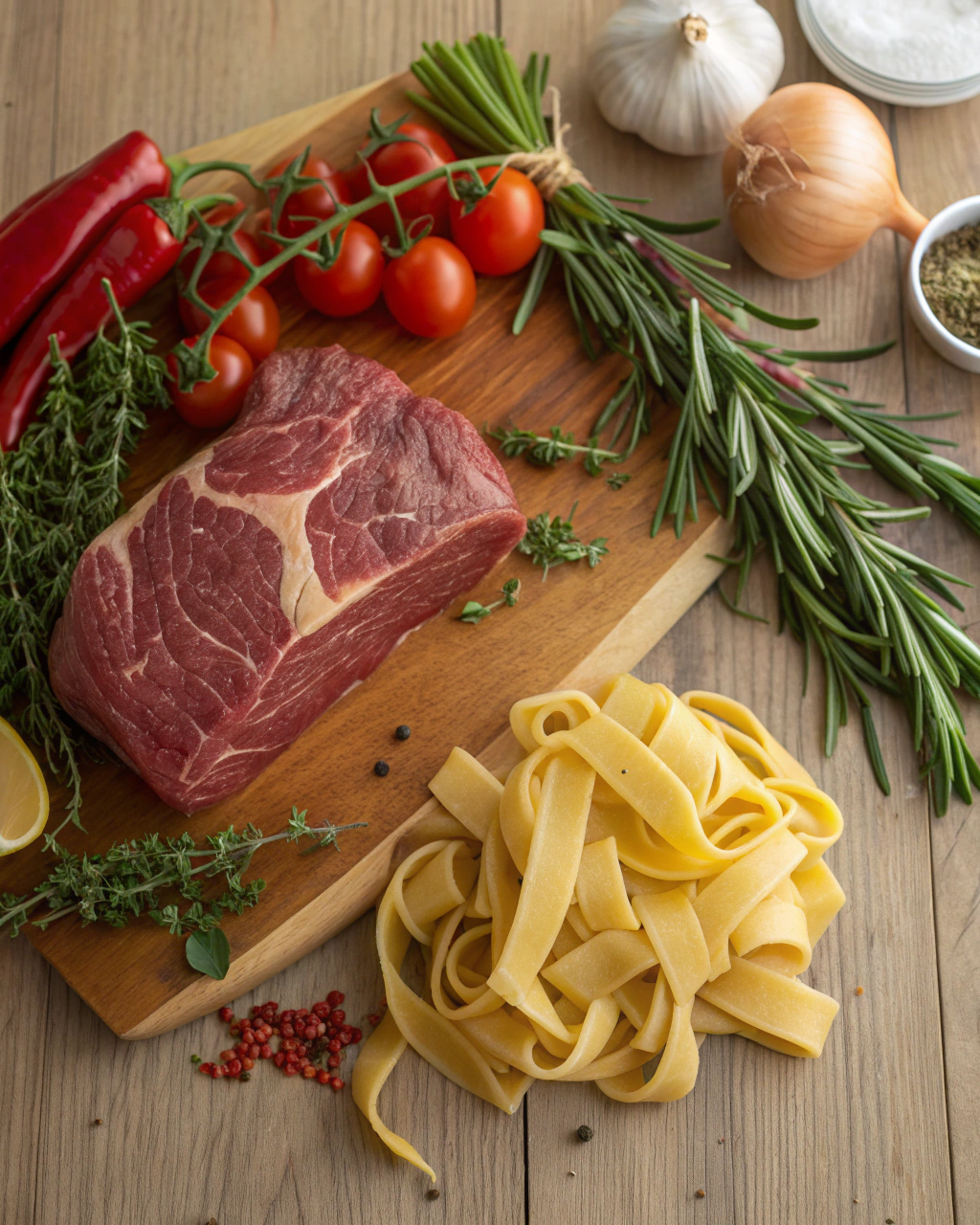 Fresh ingredients for slow cooked shredded beef ragu pasta including chuck beef, tomatoes, herbs, and vegetables arranged on a wooden cutting board