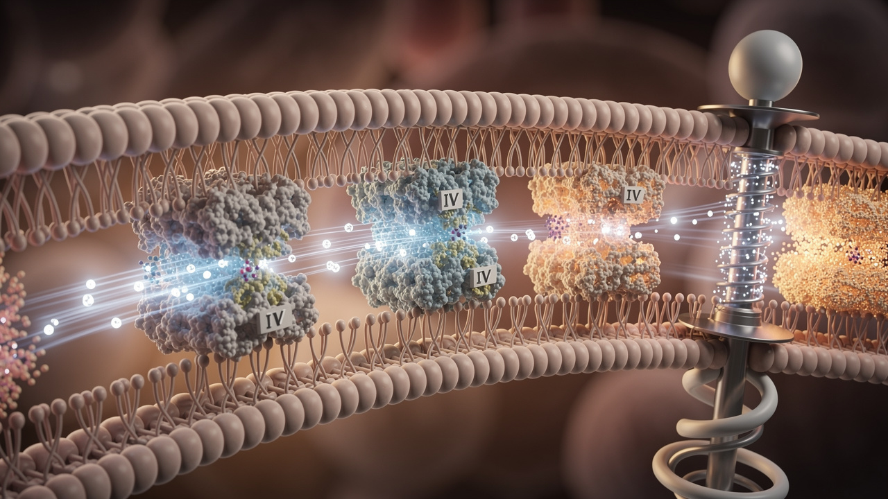 Electron transport chain producing cellular energy in mitochondria