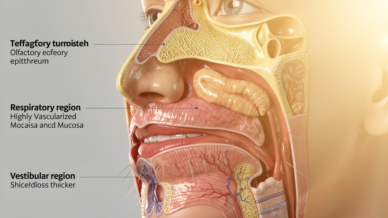 Nasal cavity anatomy showing absorption and brain pathways