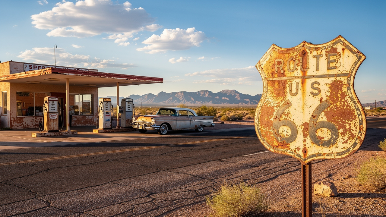 Historic Route 66 roadside scene in Arizona desert