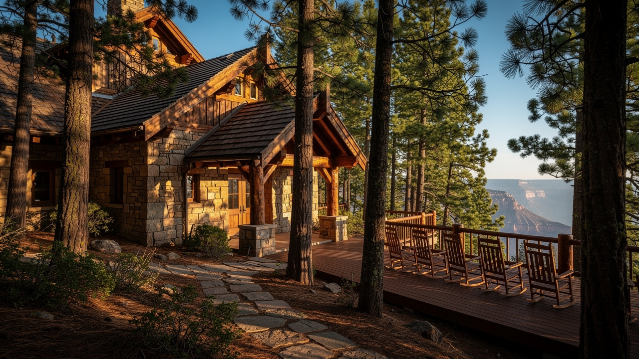 Historic Grand Canyon Lodge surrounded by pine forest