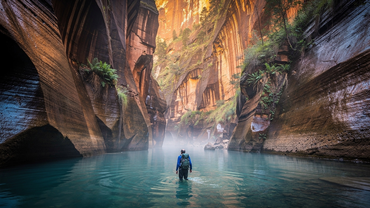 Hiker wading through Zion's Narrows slot canyon