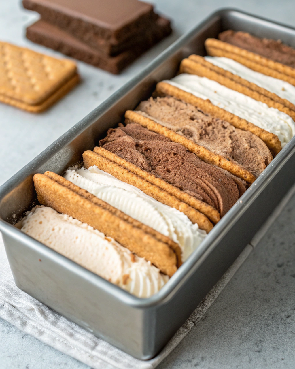 4-Ingredient Biscoff Icebox Cake ingredients laid out including ice cream container, heavy cream, sugar, vanilla, and Biscoff cookies on white marble surface