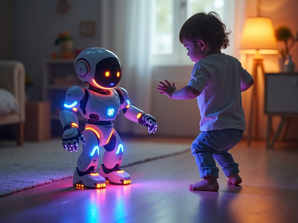 Niño feliz controlando el Robot HUIYOKAY con gestos de la mano.