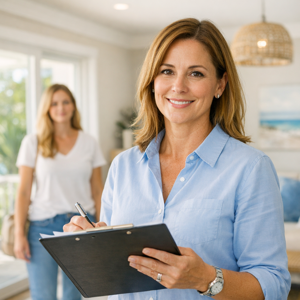 Photorealistic mid-article image of a property manager performing a walk-through inspection inside a sunlit West Palm Beac...