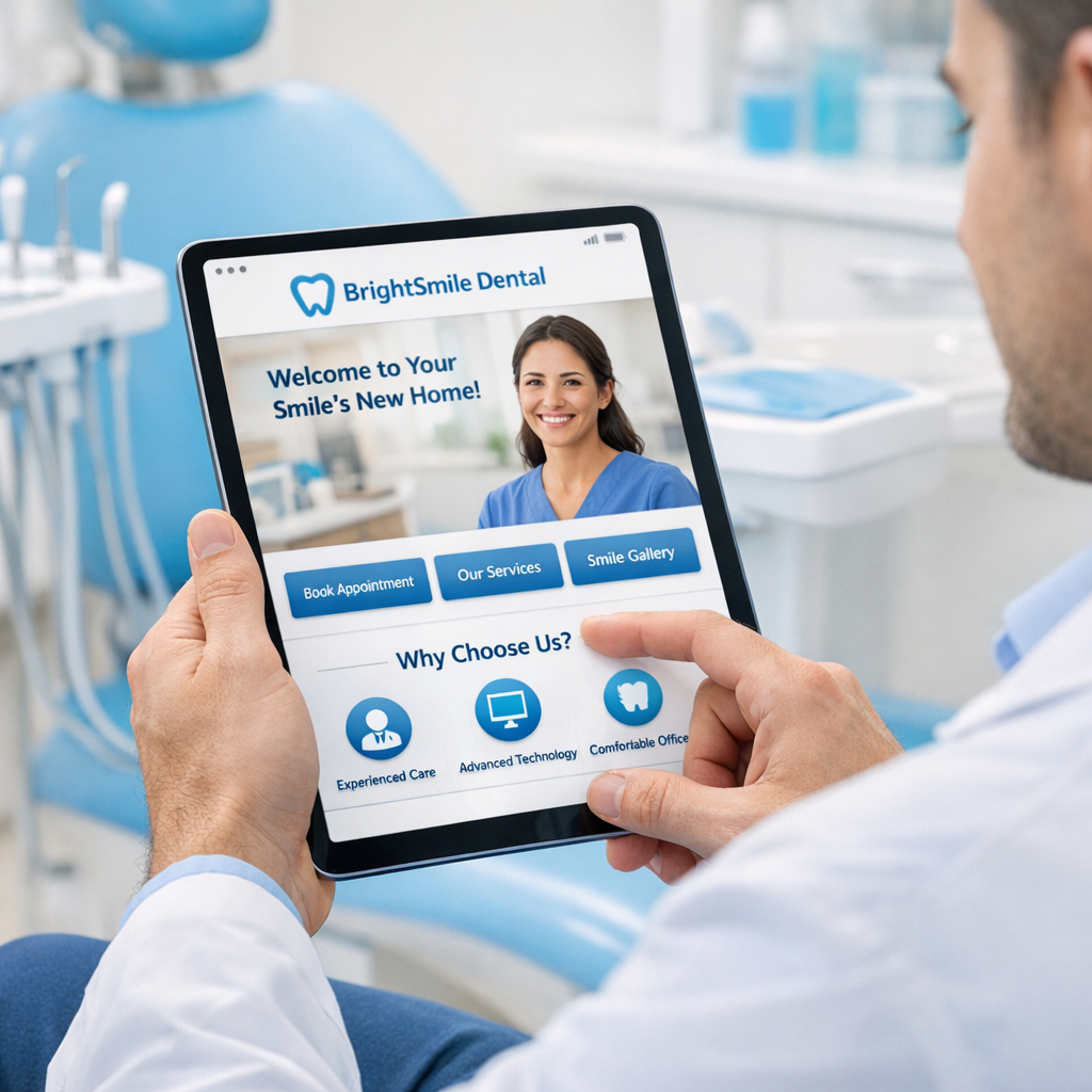 Photorealistic image of a dentist reviewing a mobile-friendly dental website on a tablet while seated in a bright treatmen...