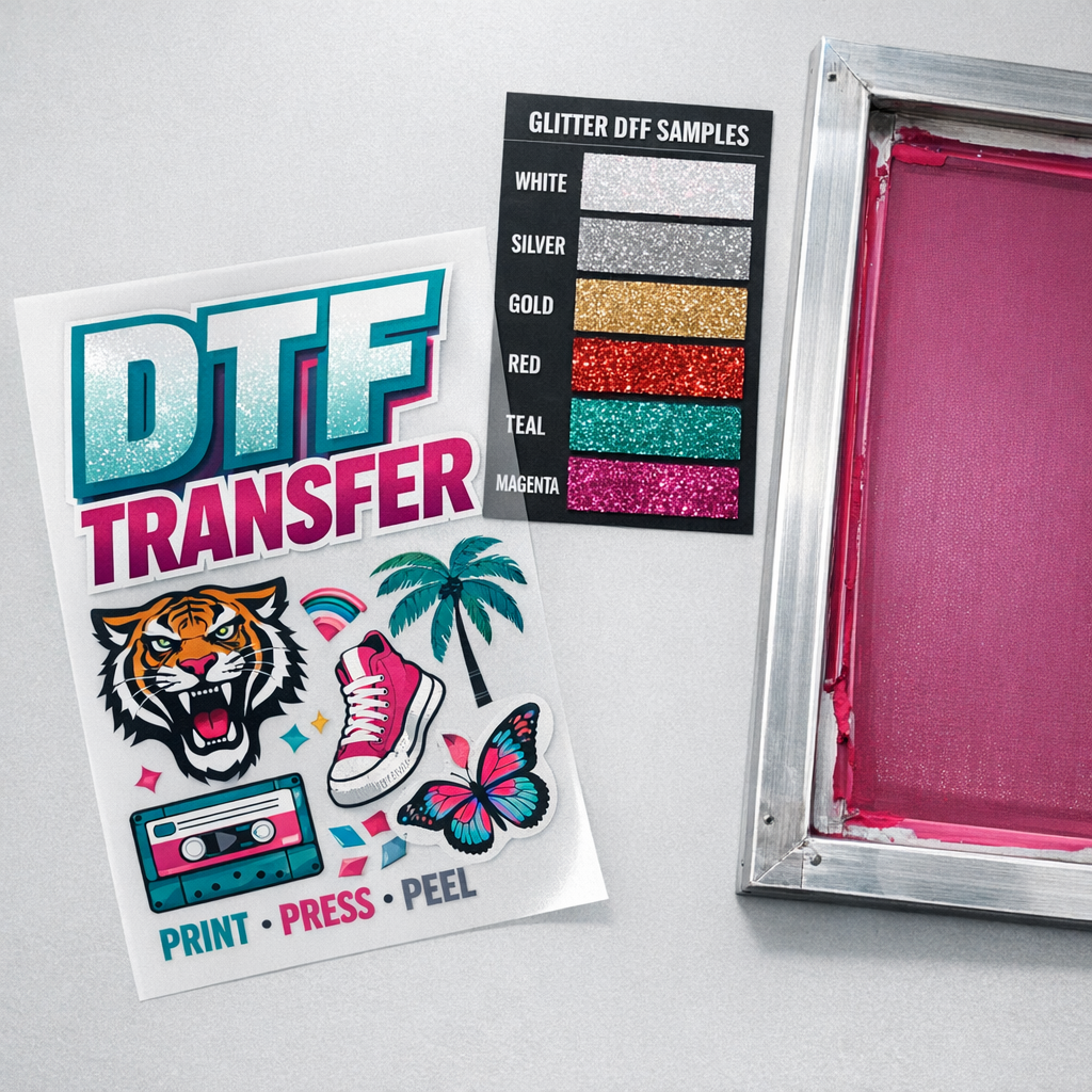 Close-up, photorealistic image of a DTF transfer sheet, glitter DTF sample swatch, and a classic silk-screen frame leaning...