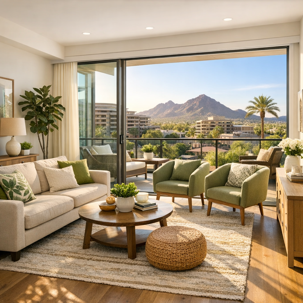 Photorealistic image of a bright, furnished condo living room with large windows opening to a Scottsdale skyline. Shows a ...