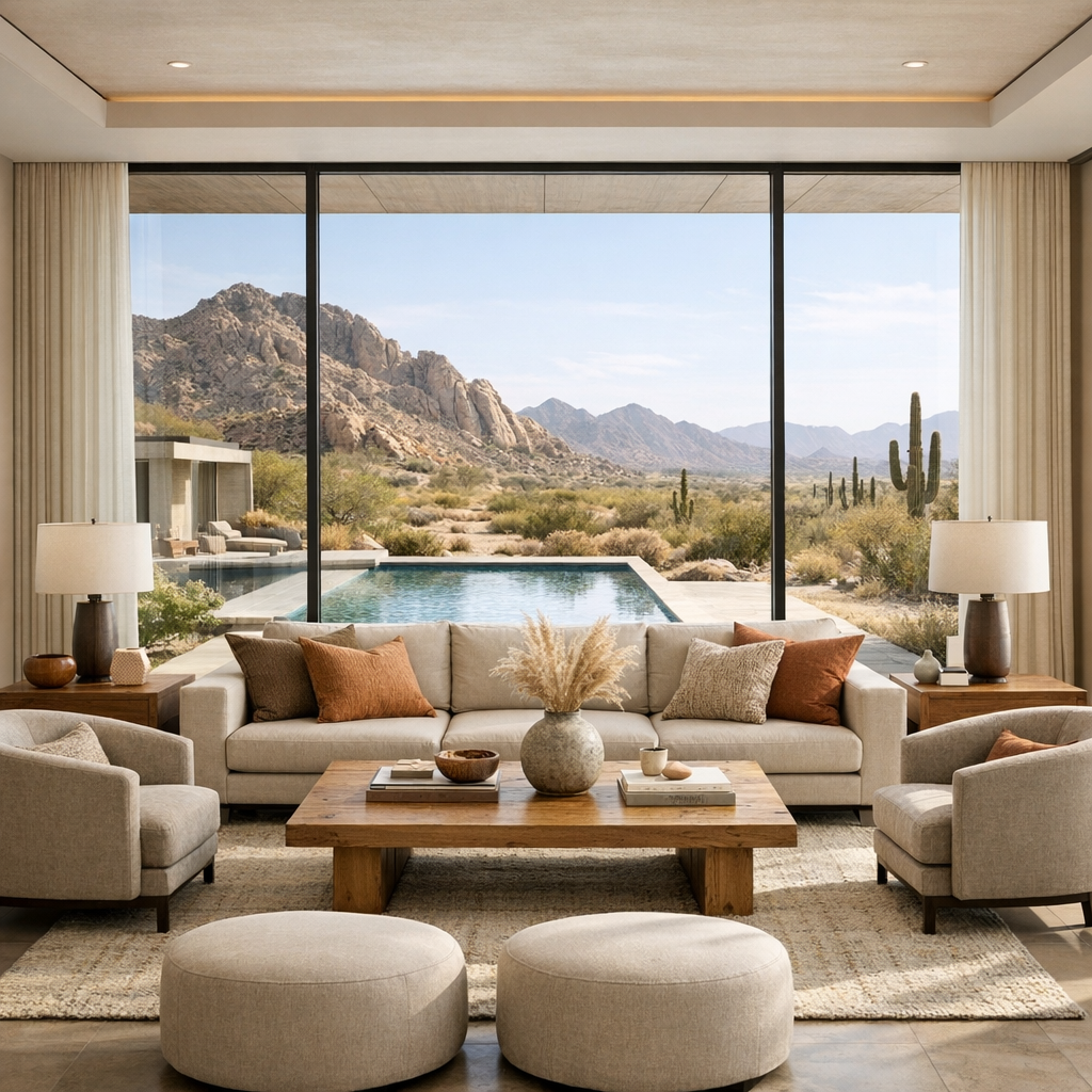 Photorealistic interior shot of a modern luxury living room with floor-to-ceiling windows facing the desert, neutral palet...