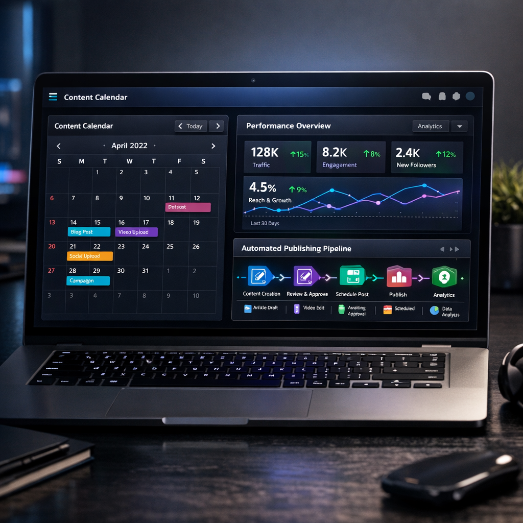 An illustrative photorealistic scene of a content dashboard on a laptop showing a calendar, performance metrics, and an au...