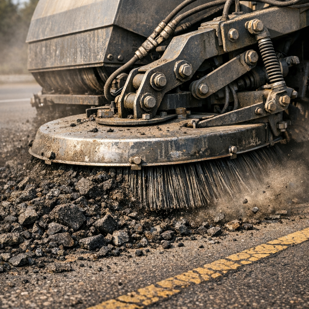 Photorealistic mid-shot of a mechanical broom sweeper close-up, focusing on a heavy steel broom head collecting coarse asp...