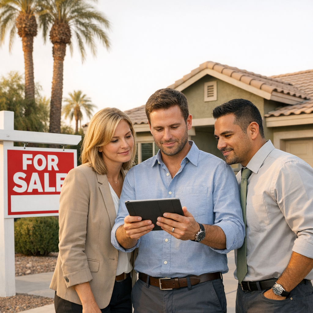 A photorealistic mid-shot of a tidy single-family rental property exterior with a 'For Sale' sign and a small group of pro...