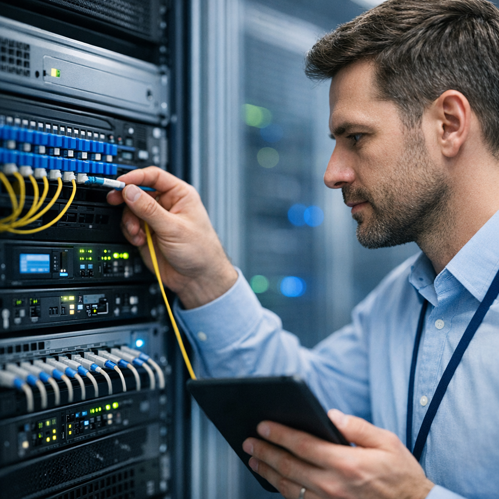 Photorealistic mid-shot inside a secure server room with a technician inspecting rack-mounted equipment. Clean, clinical f...
