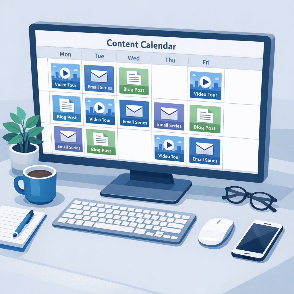 Best Content Marketing Strategies for Real Estate Pro Guide 2 A clean, illustrative scene of a content calendar on a desktop screen, with thumbnails for video tours, blog posts, and em...